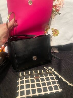Kate Spade Black Leather Crossbody Bag w/ Pink Interior & wristlet & bangle set